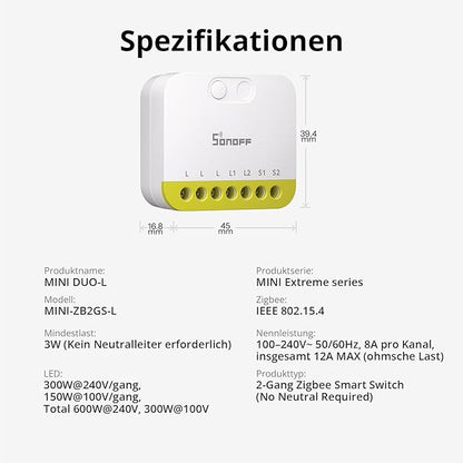 SONOFF MINI Duo-L Zigbee Smart Switch – No Neutral Wire, Zigbee 3.0, Dual Channel, Compact Design, Works with Alexa, Google Home