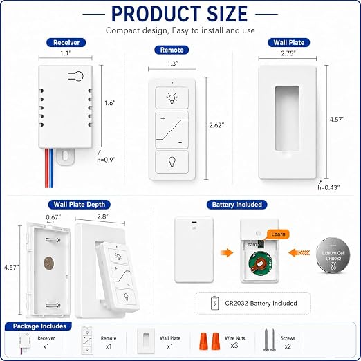 Nexete Smart Wireless Light Switch, Dimmer Switch & Receiver Kit No Wiring Wireless Remote Control,Remote & Voice Control,Bluetooth Work with Amazon Alexa Only, ETL Certified (1 Switch & 1 Receiver)