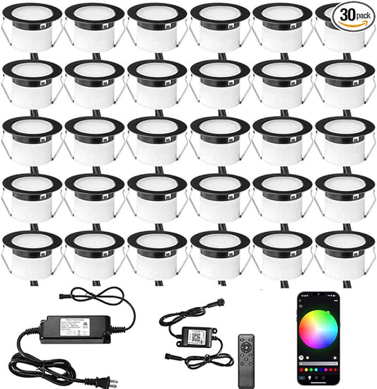 LED Deck Light Kit, 30pcs Φ1.77 WiFi Wireless Smart Phone Control Low Voltage Recessed RGBW Deck Lights with Remote, Voice Control, IP67 Waterproof Outdoor Path Stair Landscape Lighting, Black