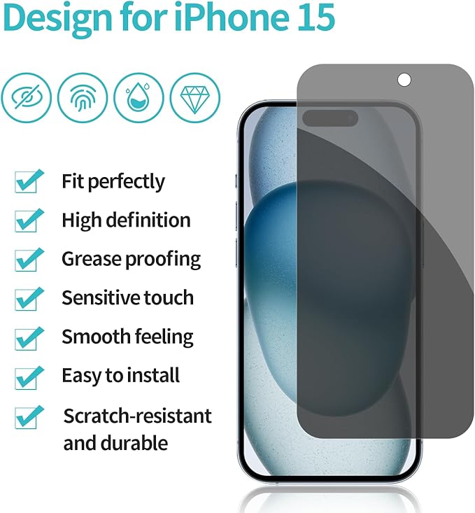 PEHAEL 2+2 Pack for iPhone 15 Privacy Screen Protector with Camera Lens Protector Full Coverage Anti-Spy Tempered Glass Film 9H Hardness Easy Installation Bubble Free [6.1 inch]