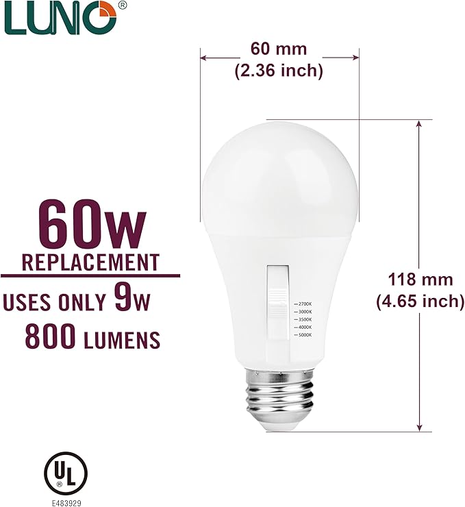 LUNO A19 Dimmable LED Bulb, 9W (60W Equivalent), 800 Lumens, Color Selectable, 2700K, 3000K, 3500K, 4000K, 5000K, 5CCT, UL Listed (4-Pack)