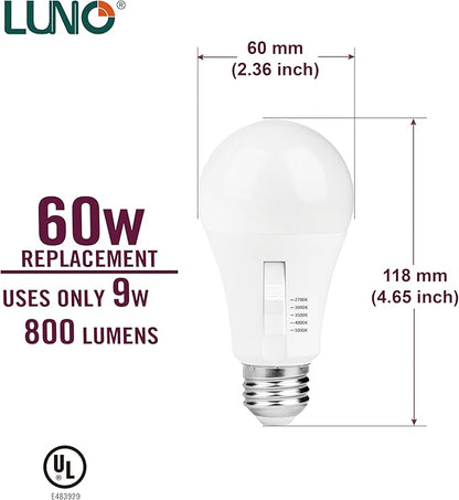 LUNO A19 Dimmable LED Bulb, 9W (60W Equivalent), 800 Lumens, Color Selectable, 2700K, 3000K, 3500K, 4000K, 5000K, 5CCT, UL Listed (4-Pack)