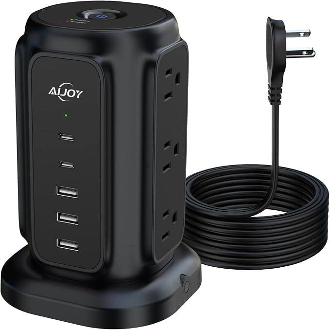 AiJoy Power Strip Tower with 9 AC Outlets and 5 USB Ports Charging Station | 1200J Surge Protector, 6.5 Feet Extension Cord with Multiple Outlets for Home Dorm Room Office Supplies Desk Accessories