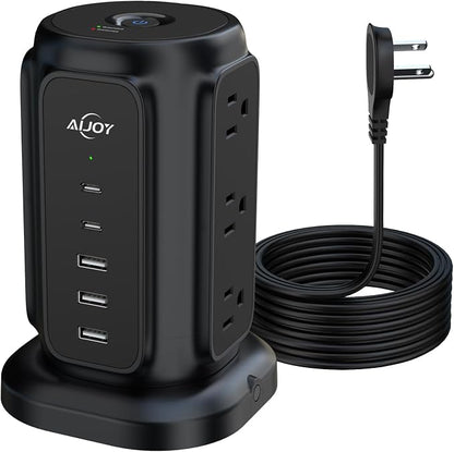 AiJoy Power Strip Tower with 9 AC Outlets and 5 USB Ports Charging Station | 1200J Surge Protector, 6.5 Feet Extension Cord with Multiple Outlets for Home Dorm Room Office Supplies Desk Accessories
