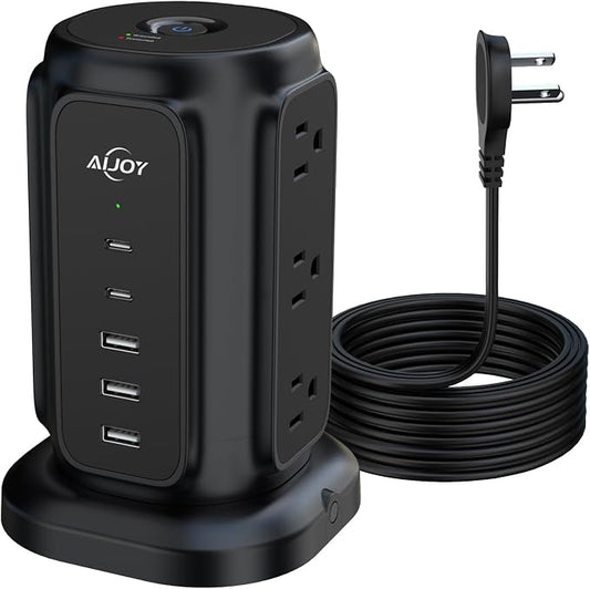 AiJoy Power Strip Tower with 9 AC Outlets and 5 USB Ports Charging Station | 1200J Surge Protector, 6.5 Feet Extension Cord with Multiple Outlets for Home Dorm Room Office Supplies Desk Accessories