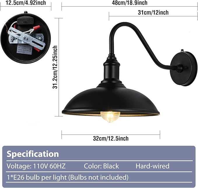 Dusk to Dawn Exterior Farmhouse Lighting Barn Light Fixture for House with Anti-ponding Bottom, Outdoor Barn Light Gooseneck Lighting for Garage Patio Porch (12.5" Diameter, 1 PC)
