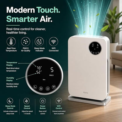 Air Purifier for Home - Smart WiFi App - Ultra Quiet 20 dB - Removes Allergens, Smoke & Odors - 99.97% Particle Filtration - Up to 1200 ft - Klarta Forste Silver