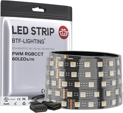 BTF-LIGHTING RGBCCT LED Strip UL Listed 16.4ft 60LED/m 300LED DC24V IP67 | Black LED Tape 12mm wide 5 Colors in 1 RGB+Dimmable Tunable Color Temperature 2700K-6500K for Decor(No Adapter or Controller)