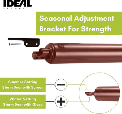 Ideal Security Model 9 Standard Duty Pneumatic Storm and Screen Door Closer, 10.5" L x 1.25" W x 1.25" H, Adjustable Speed, Smooth Closing for Lightweight to Medium Doors, Easy Install, Brown
