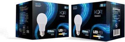 KOR 6 Pack A19 LED Light Bulb, 100W Equivalent, 5000K Bright White, 1500 Lumens, Efficient 15 Watt Replacement Bulbs with E26 Standard Base, 10000 Long Life Hours, Non-Dimmable, 80+ CRI, UL Listed