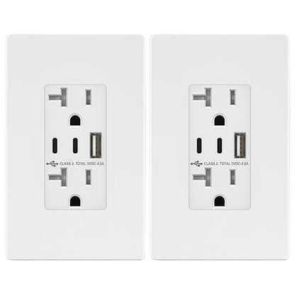 TOPGREENER 4.2A 21W 3-Port Type C USB Outlet, 20 Amp Receptacle Plug, Charging Power Outlet with Dual Type C&A Ports, Screwless Wall Plate Included, UL Listed, TU22042AC2-WSID, White, 2 Pack