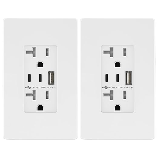 TOPGREENER 4.2A 21W 3-Port Type C USB Outlet, 20 Amp Receptacle Plug, Charging Power Outlet with Dual Type C&A Ports, Screwless Wall Plate Included, UL Listed, TU22042AC2-WSID, White, 2 Pack