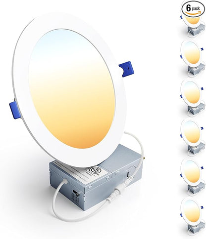 Ensenior 6 Pack 7 Inch LED Recessed Ceiling Light, Dimmable, 2700K-5000K 5CCT, 1600LM 15W 120V, High Brightness Canless Wafer Downlight - ETL&FCC&IC