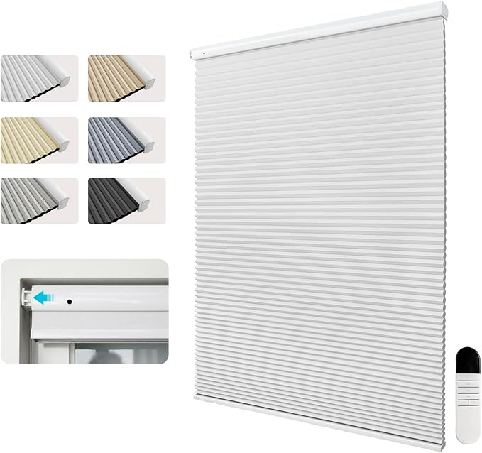Custom Motorized Cellular Shades, Smart Honeycomb Blinds with Remote, 100% Cordless Thermal Blackout/Light Filtering Window Shades, No Drill Rechargeable Automatic Blinds for Indoor Windows