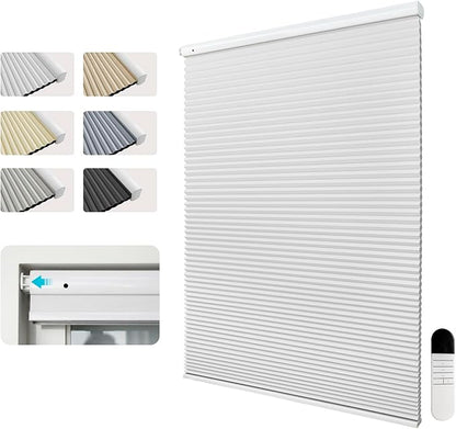 Custom Motorized Cellular Shades, Smart Honeycomb Blinds with Remote, 100% Cordless Thermal Blackout/Light Filtering Window Shades, No Drill Rechargeable Automatic Blinds for Indoor Windows