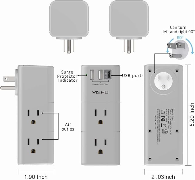 Multi Plug Outlet Surge Protector - YISHU Outlet Extender with Rotating Plug, 6 AC Outlets and 3 USB Ports, 3-Sided Swivel Power Strip Ideal Stocking Stuffers, Gray