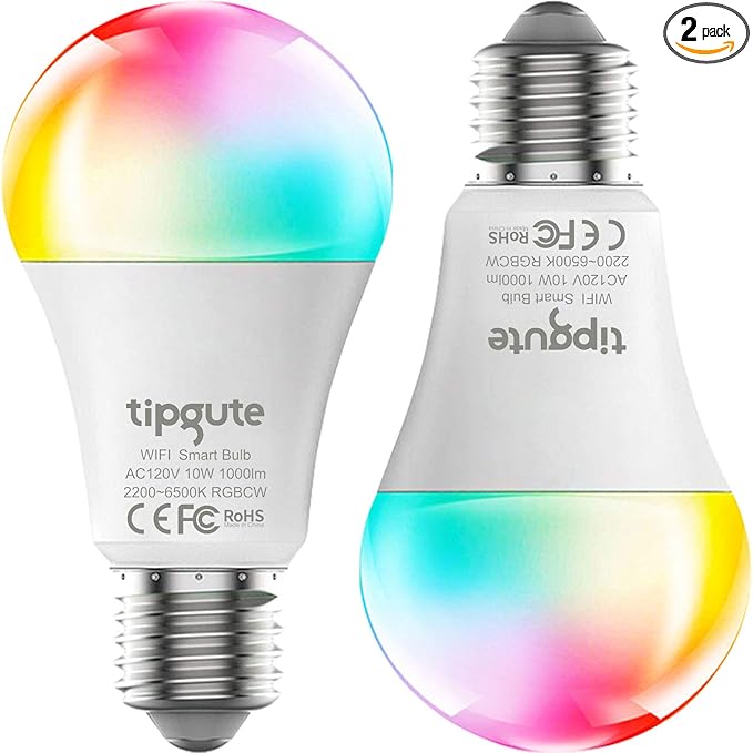 2 Packs Smart Bulb 1000LM 10W(100W Equivalent) RGB 2200-6500K Dimmable WiFi LED Light Bulb No Hub Required Work with Google Home Siri Tuya Smart Life Full Color Changing A19 E26 LED Bulb