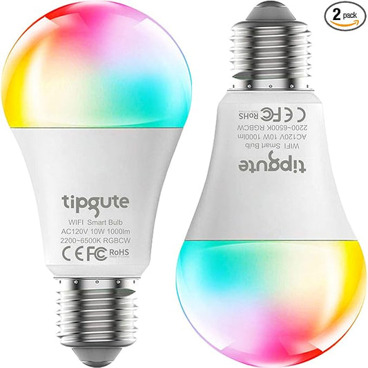2 Packs Smart Bulb 1000LM 10W(100W Equivalent) RGB 2200-6500K Dimmable WiFi LED Light Bulb No Hub Required Work with Google Home Siri Tuya Smart Life Full Color Changing A19 E26 LED Bulb