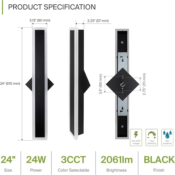 ASD LED 24" Long Wall Mount Light Fixture, Outdoor & Indoor Linear Sconce | 3CCT, Dimmable, Waterproof, Anti-Rust, ETL Listed | 24W 2000LM 3000-5000K 100-277V | Exterior Porch Lighting | Black