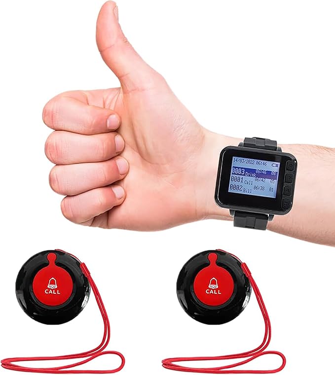 Call Button for Elderly at Home Wireless Caregiver Pager Watch Long Range Nurse Alert System Waterproof Emergency SOS Call Bell for Senior/Patient/Disabled with 2 Panic Button and 1 Wrist Receiver