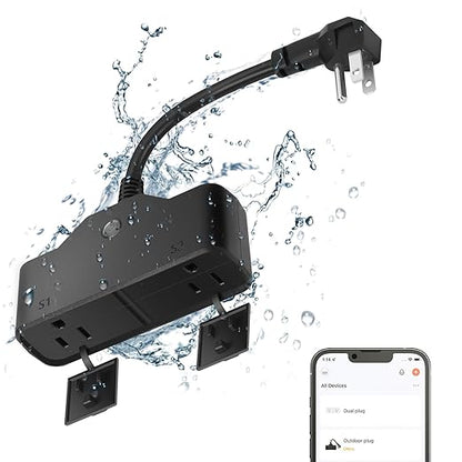 15A Outdoor Smart Plug, Heavy Duty Smart Home Wi-Fi Outlet Timer, Outlet with 2 Sockets, Wireless Remote Control, Compatible with Alexa & Google for String Light and Motors, 2.4 GHZ, Black