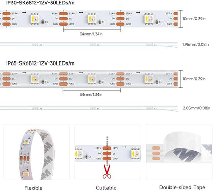 BTF-LIGHTING RGB+Natural White SK6812 LED Strip 16.4FT 150LED IP65 DC12V | RGBW Individually Addressable UL Listed 4 Colors in 1 Light (Similar WS2812B) White PCB(No Adapter or Controller)