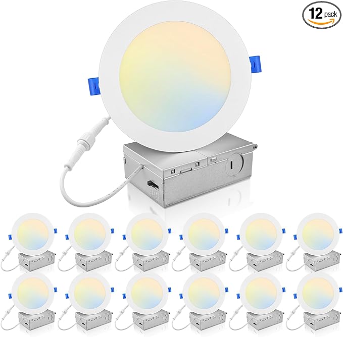ECOELER 6 Inch 5CCT LED Recessed Ceiling Light with Junction Box, 2700K/3000K/4000K/5000K/6000K Selectable, 12W 1100Lm, Dimmable Dimmable Can-Killer Downlight, ETL& FCC, 12 Pack