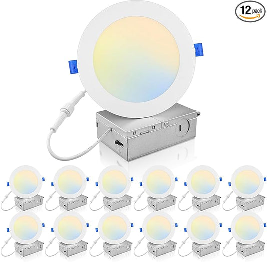 ECOELER 6 Inch 5CCT LED Recessed Ceiling Light with Junction Box, 2700K/3000K/4000K/5000K/6000K Selectable, 12W 1100Lm, Dimmable Dimmable Can-Killer Downlight, ETL& FCC, 12 Pack