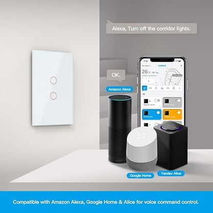 LIVOLO WiFi Touch Wall Switch for Smart Home, Compatible with Alexa & Google Home, Neutral Wire Required, 2 Gang, Tempered Glass Panel, White (120V)
