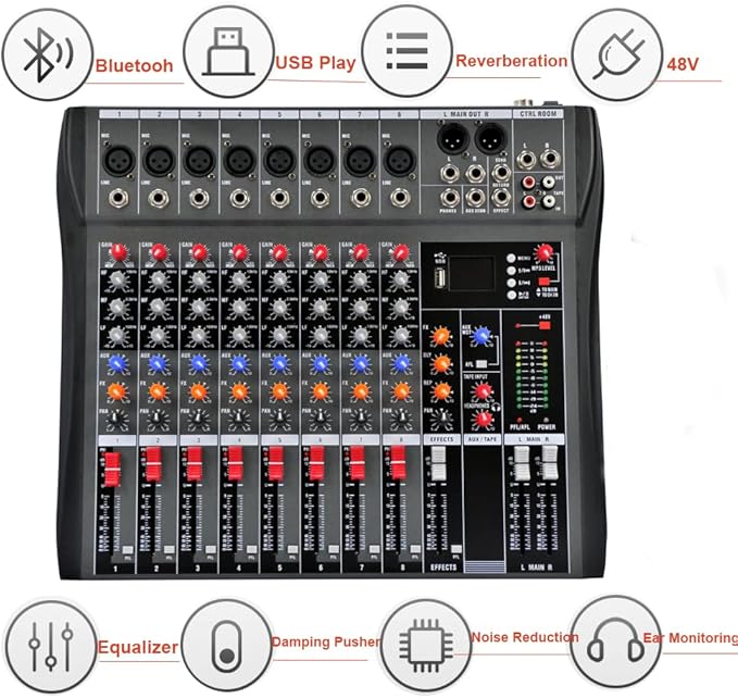 Professional Sound Board Console System 8-Channel Sound Mixing Board USB Pro Studio DJ Sound Controller Voice Mixing Sound Mixing Console Music Recording Equipment for Stage Performance Bar Home Party