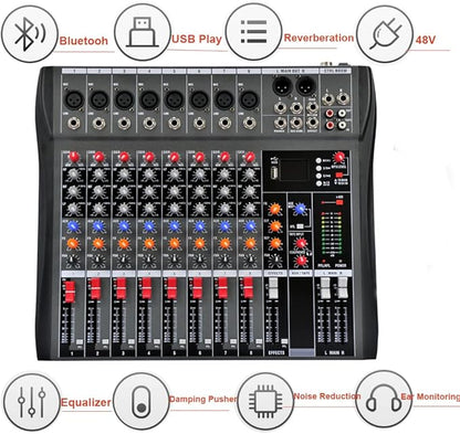 Professional Sound Board Console System 8-Channel Sound Mixing Board USB Pro Studio DJ Sound Controller Voice Mixing Sound Mixing Console Music Recording Equipment for Stage Performance Bar Home Party