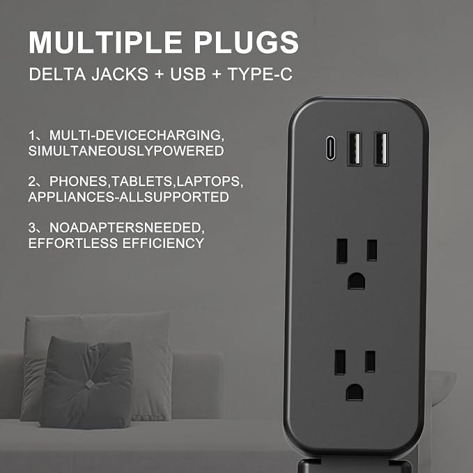 Electrical Outlet Extender Stick - Features USB-A, USB-C and 2 AC Outlets, Extends 22"-34", Rotates 180° Access Hard-to-Reach Outlets, Wall Plug Power Socket Expander Nightstands, Sofa, Desks and More