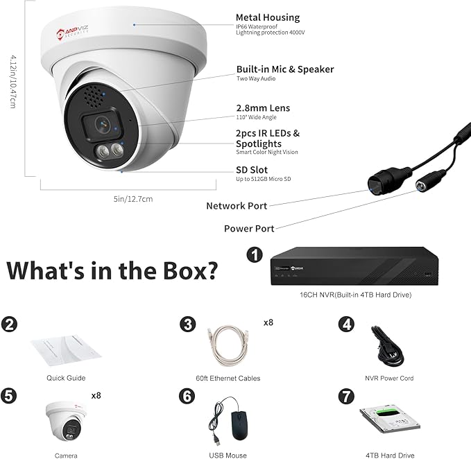 Anpviz 16 Channel NVR PoE Security Camera System with Two Way Audio, AI Human Vehicle Detection, 8x 4K 8MP Wired IP Turret Cameras Outdoor, 16CH 12MP PoE NVR with 4TB HDD, CCTV for Business Home, NDAA