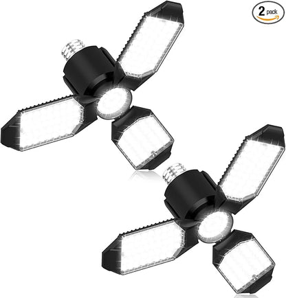 toberich LED Garage Light Bulbs 2 Pack, 8000LM Shop Lights with 3+1 Deformable Panels, 6500K Screw in Ceiling Lights Bay Lighting for Garage, Workshop, Workbench, Basement