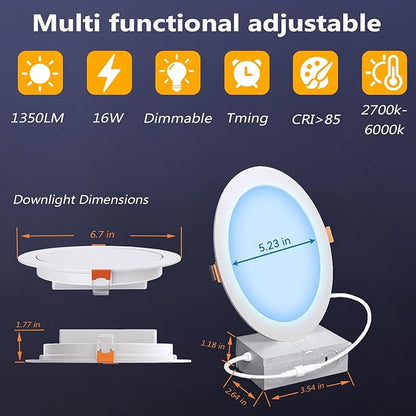 6 Inch LED Recessed Light 16W RGBCW Recessed Ceiling Lights Dimmable by Alexa & APP, 2700K-6000K 1350LM Recessed Lighting with Junction Box,16 Million Colors, DIY Scenes, 23 Modes, 1 Pack