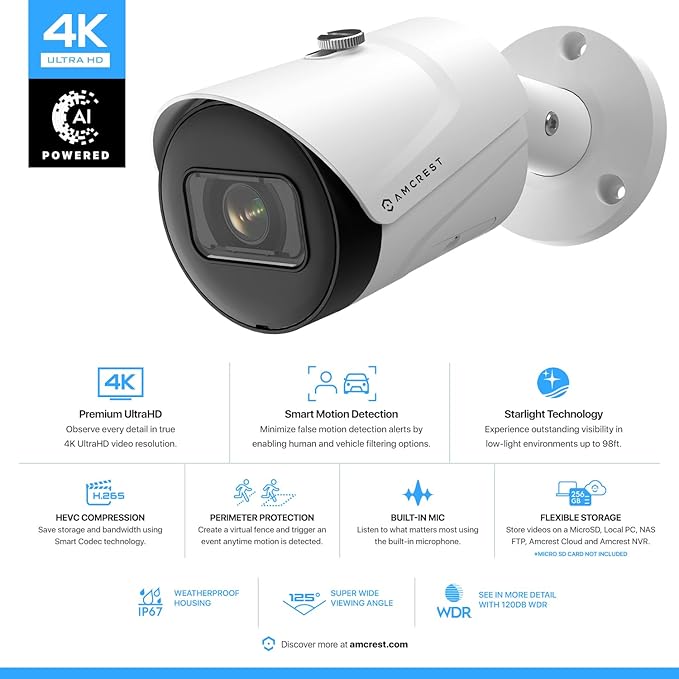Amcrest 4K (8MP) IP POE Camera, UltraHD Outdoor Bullet, 3840x2160, 98ft NightVision, 125° FOV, MicroSD (256GB), Human & Vehicle Detection, Tripwire & Intrusion, (REP-IP8M-2496EW-AI-V3) (Renewed)