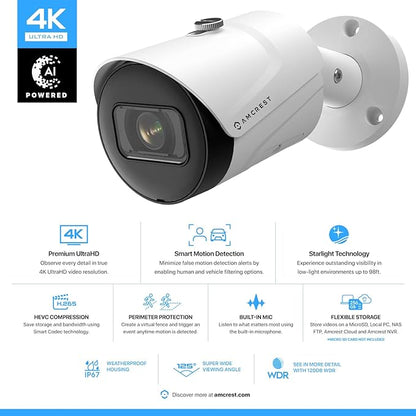 Amcrest 4K (8MP) IP POE Camera, UltraHD Outdoor Bullet, 3840x2160, 98ft NightVision, 125° FOV, MicroSD (256GB), Human & Vehicle Detection, Tripwire & Intrusion, (REP-IP8M-2496EW-AI-V3) (Renewed)