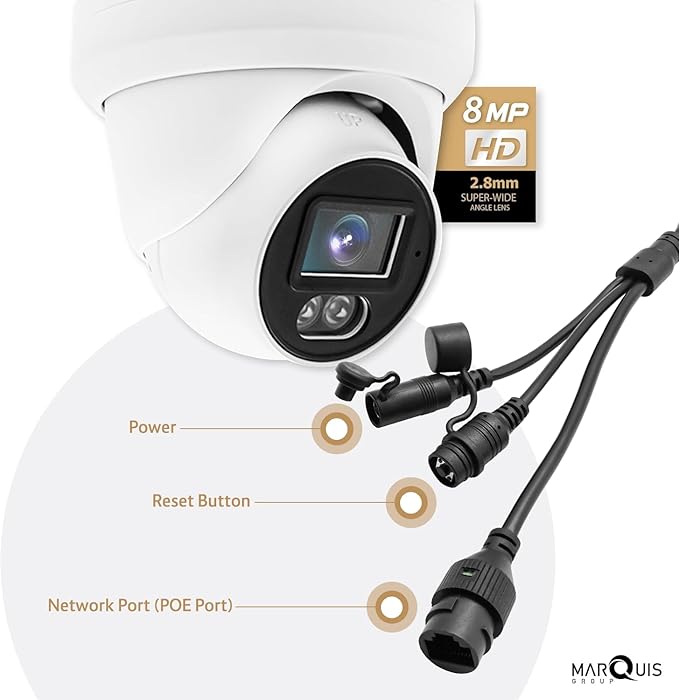 Marquis HD 4K 8MP IP Camera Color at Night PoE Turret Dome with Microphone, 24/7 Full Time Color at Night, Weatherproof IP67 Indoor Outdoor Wide Angle 2.8mm