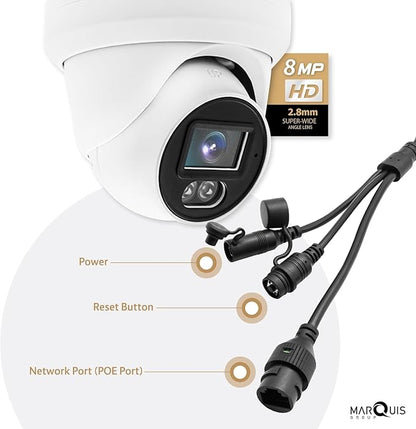 Marquis HD 4K 8MP IP Camera Color at Night PoE Turret Dome with Microphone, 24/7 Full Time Color at Night, Weatherproof IP67 Indoor Outdoor Wide Angle 2.8mm