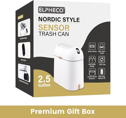 ELPHECO Bathroom Trash Can with lid 2.5 Gallon, Motion Sensor, White Golden