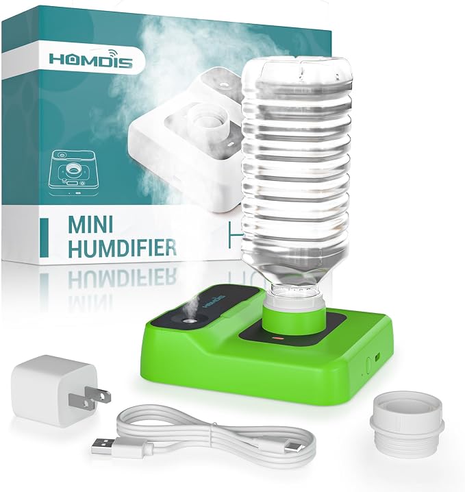 Travel Humidifier, Portable Humidifier for Plants, Bedroom, Office, Hotel or Car, Battery Operated Mini Cool Mist Humidifiers, Quiet 23dB, Auto-off, Night Light & BPA-Free, Grass-Green
