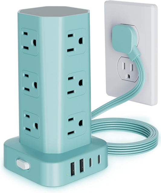Power Strip Tower Surge Protector, 6FT Flat Plug Extension Cord with Multiple Outlets, 12 AC Outlets 4 USB (2 USB C), Desktop Charging Station with Surge Protection for Home Office Dorm Room, Mint