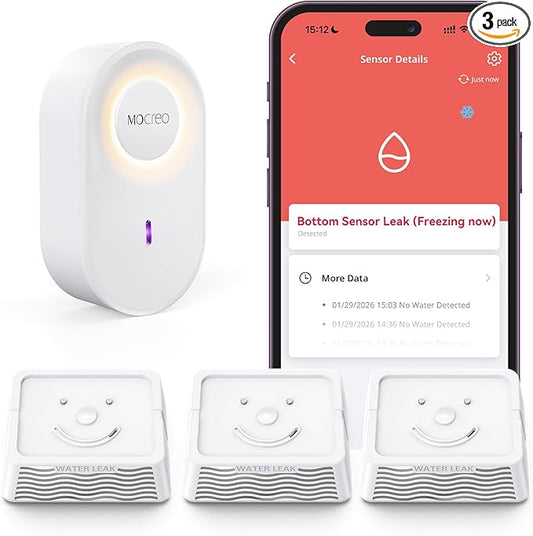 MOCREO WiFi Water Leak Detector Kit, 2000ft Long Range, SMS App Email Alerts, 105dB Adjustable Alarm, Leak Severity Tracking, 5-Year Battery Life, 3 IP67 Water Leak Sensors for Home Basement Kitchen
