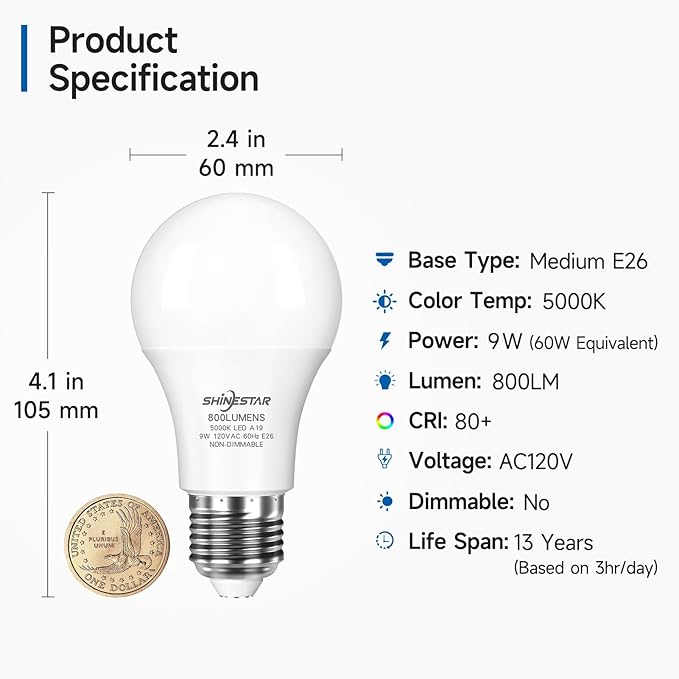 SHINESTAR E26 Base 5000K LED Light Bulb, 800 Lumens, 60W Equivalent Standard A19 White LED Bulb 9W, 80+CRI, Daylight Light Bulbs for Indoor Outdoor