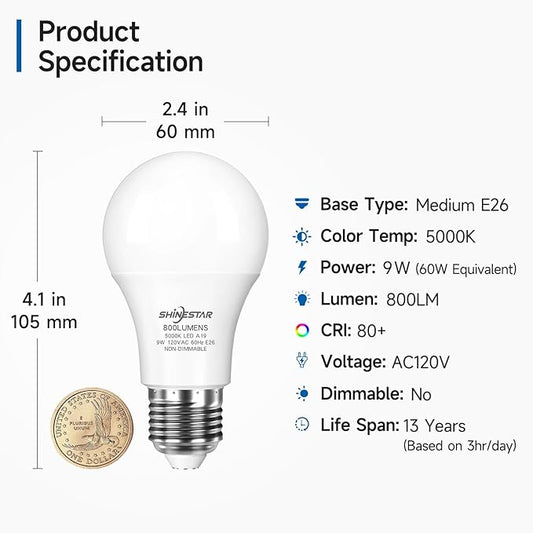 SHINESTAR E26 Base 5000K LED Light Bulb, 800 Lumens, 60W Equivalent Standard A19 White LED Bulb 9W, 80+CRI, Daylight Light Bulbs for Indoor Outdoor