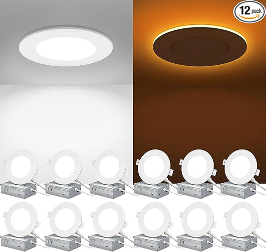 ZYC 4 inch recessed Lights - 9W 800LM LED Recessed Ceiling Light with Night Light,2700K/3000K/4000K/5000K/6000K Selectable Ultra-Thin Lighting,Dimmable Canless Wafer Downlight,Pack of 12（White）.