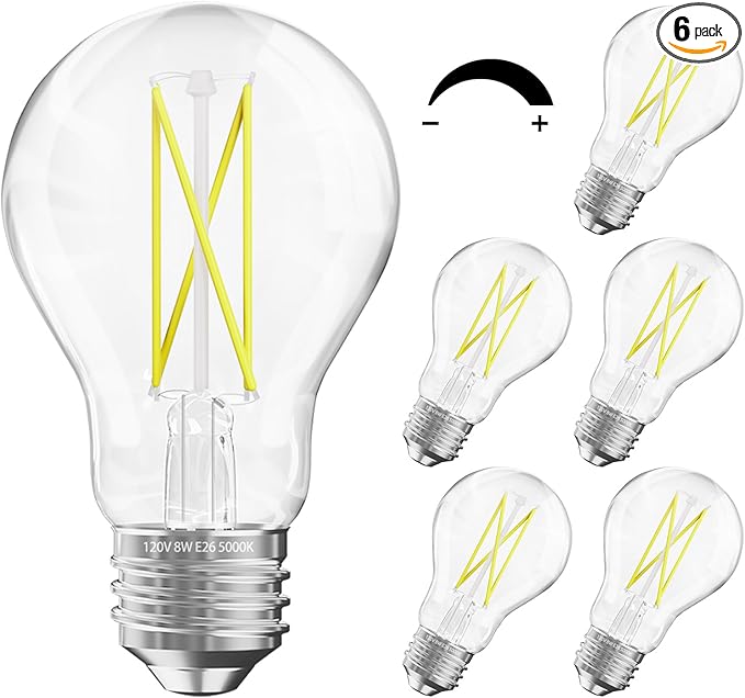 DAYBETTER 6 Pack A19 Vintage LED Edison Bulbs, 60W Equivalent Dimmable LED Bulbs, High Brightness 5000K Daylight, 800 Lumens, 8W E26 Standard Base, Ultra-Bright, CRI80+, Clear Glass Filament Bulb