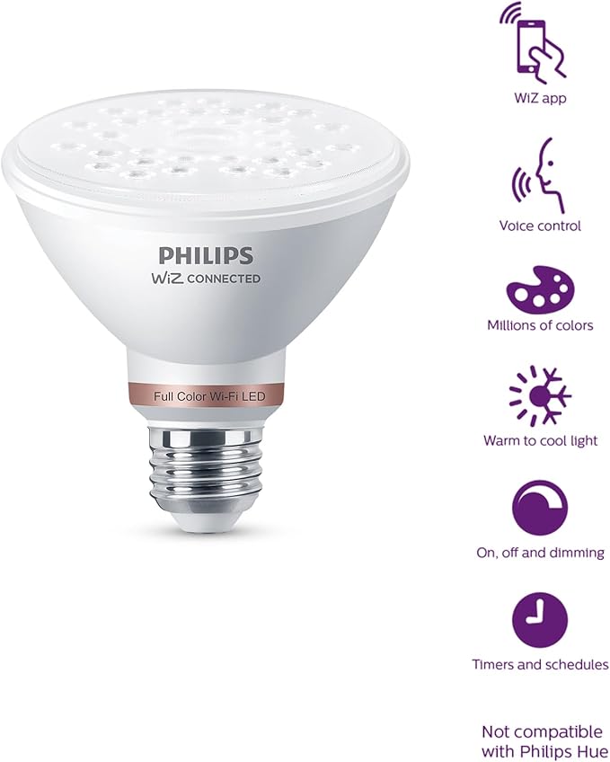 Philips Smart 75W PAR30 Color LED Light Bulb 4 Pack - Connects to Your Wi-Fi - E26 Smart Bulb - Control with Voice or App - Powered by WiZ Connected
