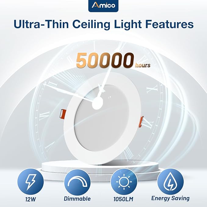 Amico 36 Pack 6 Inch 5CCT Ultra-Thin LED Recessed Ceiling Light with Metal Junction Box, 2700K-5000K Selectable, 1050 LM, Dimmable Canless Wafer Downlight, 12W Eqv 110W-ETL&FCC