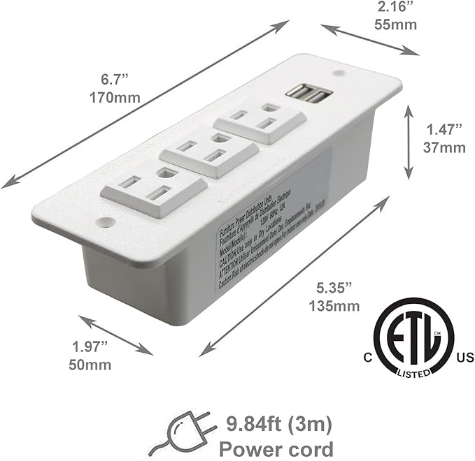 Conference Recessed Power Strip with USB Mountable Power Outlet Built in Desktop Workbench Drawer Cabinet 10'ft Heavy Duty Power Cord White